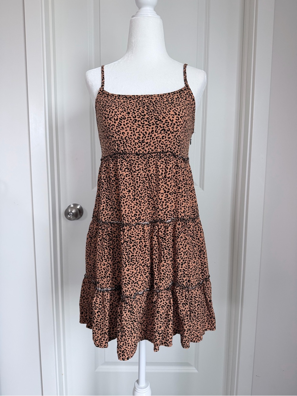 Women’s Spaghetti Strap Leopard Print Tiered Dress - Tan/Black